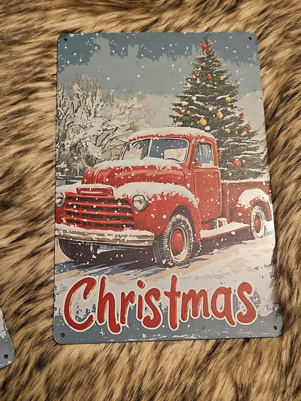 Red Vintage Truck Christmas Metal Wall Sign